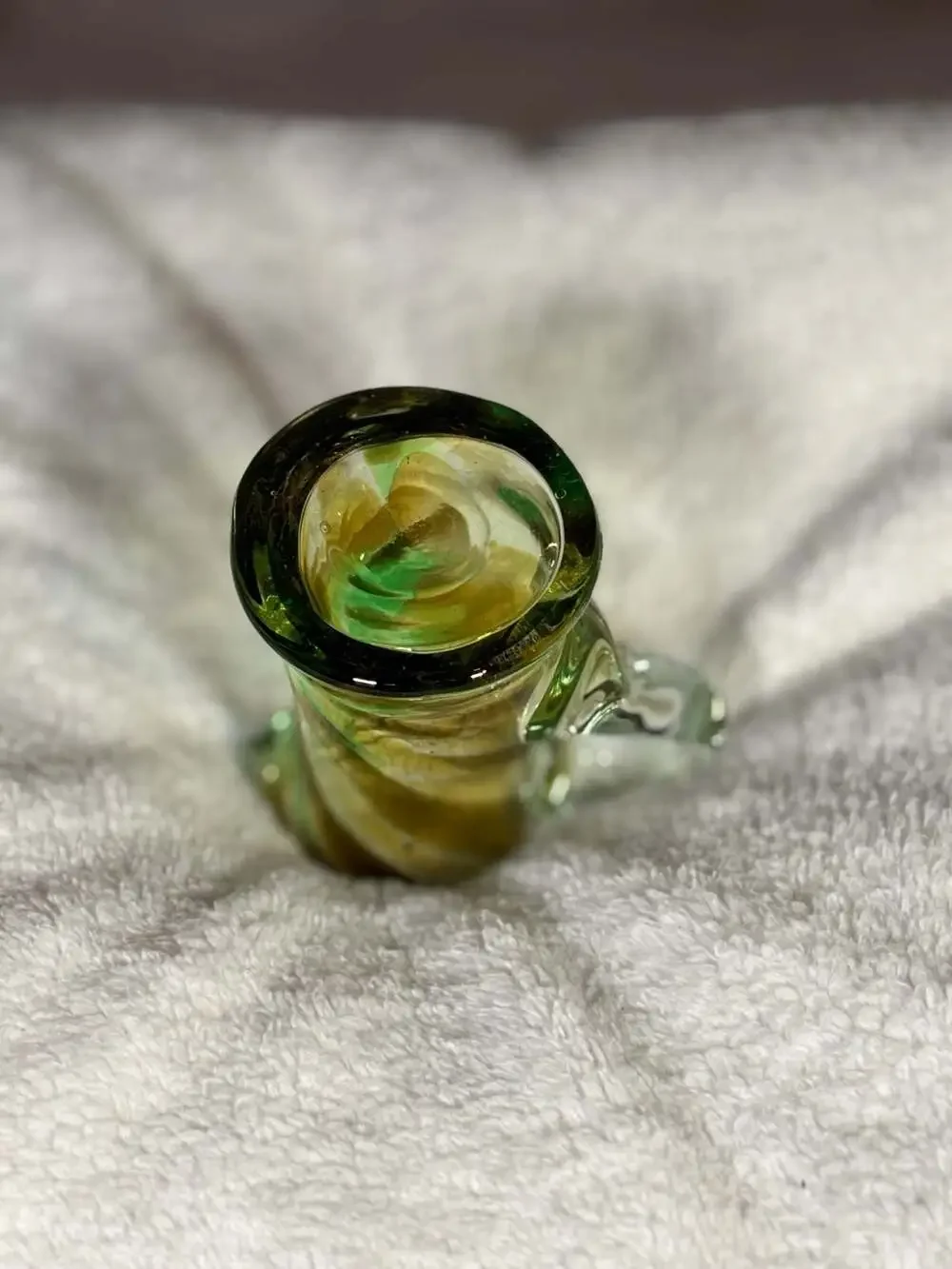 Vintage Hand-Blown Green and Yellow Swirl Art Glass Small Pitcher